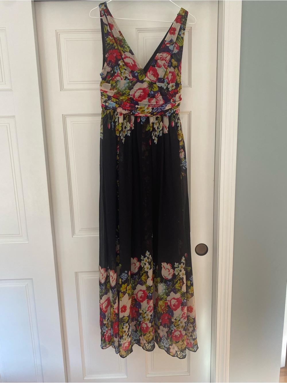 Ever Pretty Black Floral V-Neck Maxi Dress with Pink and Green Accents